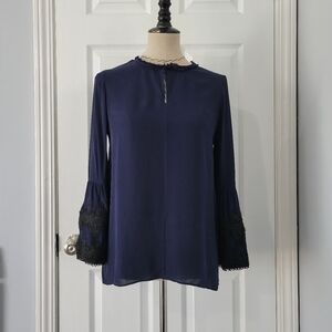 Kobi Halperin Navy Silk Blouse with Lace Sleeves